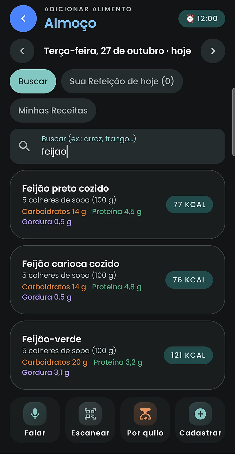 Busca por feijão com calorias e macros coloridos e os atalhos Falar, Escanear, Por quilo e Cadastrar