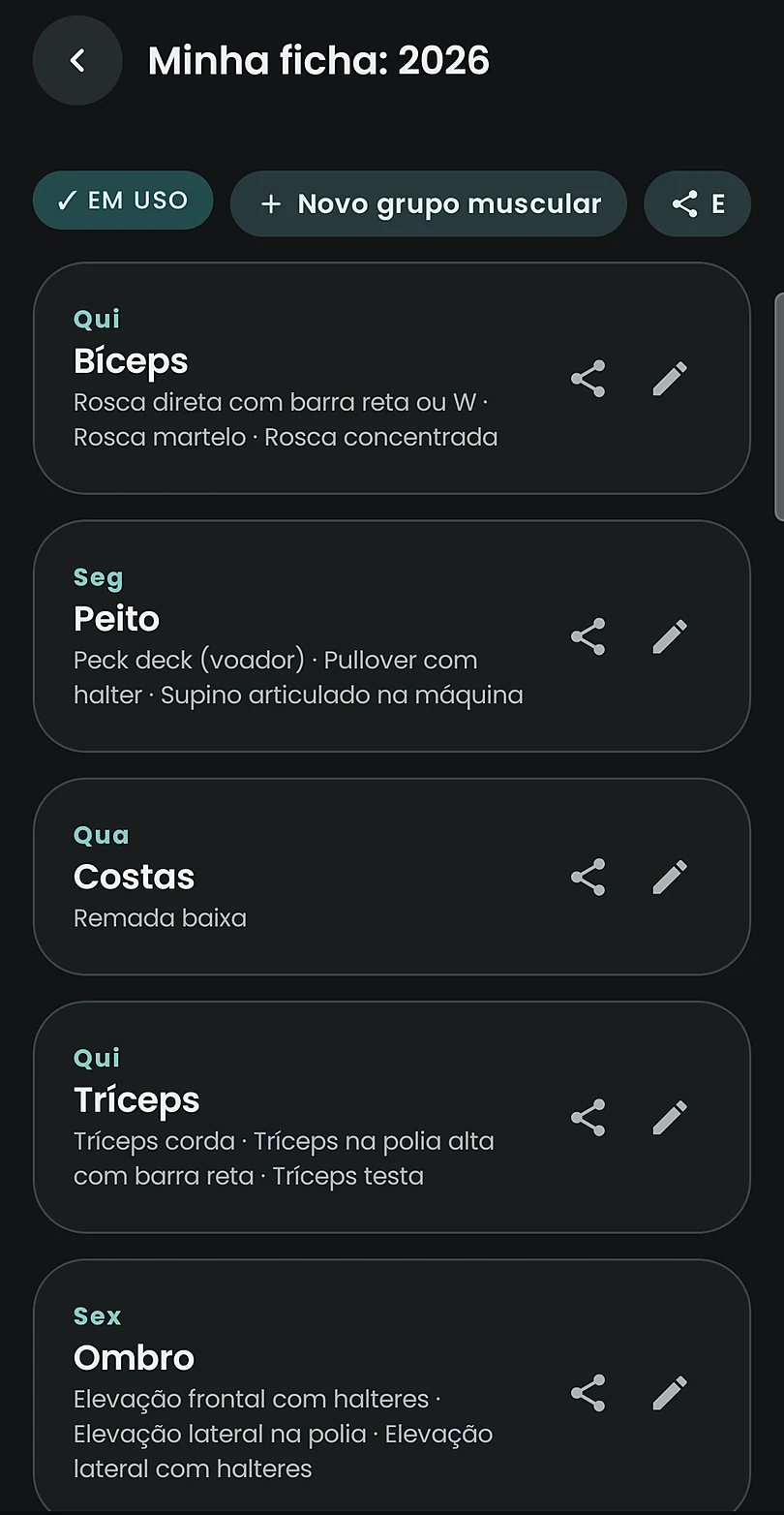 Ficha de treino por dia da semana com os exercícios de bíceps, peito, costas, tríceps e ombro